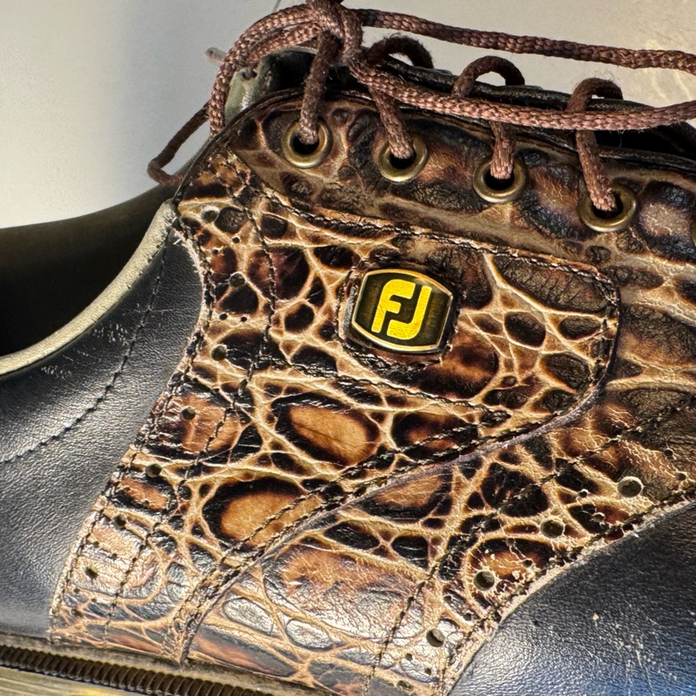 Premiere Black Saddle Aligator Skin Funky Footjoy Leather Men’s 10M Golf Shoes - Picture 10 of 11